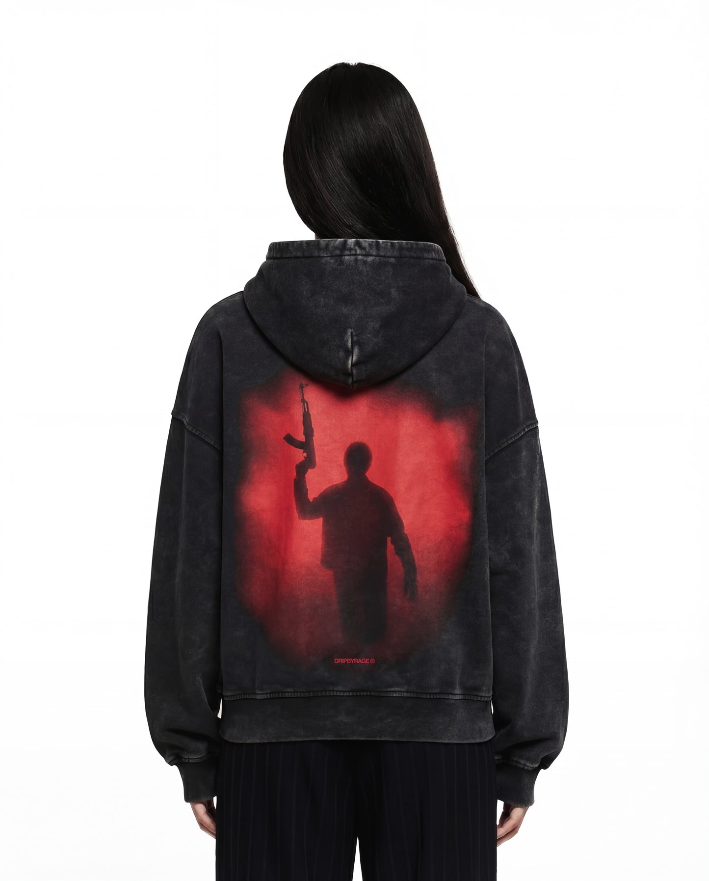 Sweat à capuche oversize délavé noir, édition rouge 47