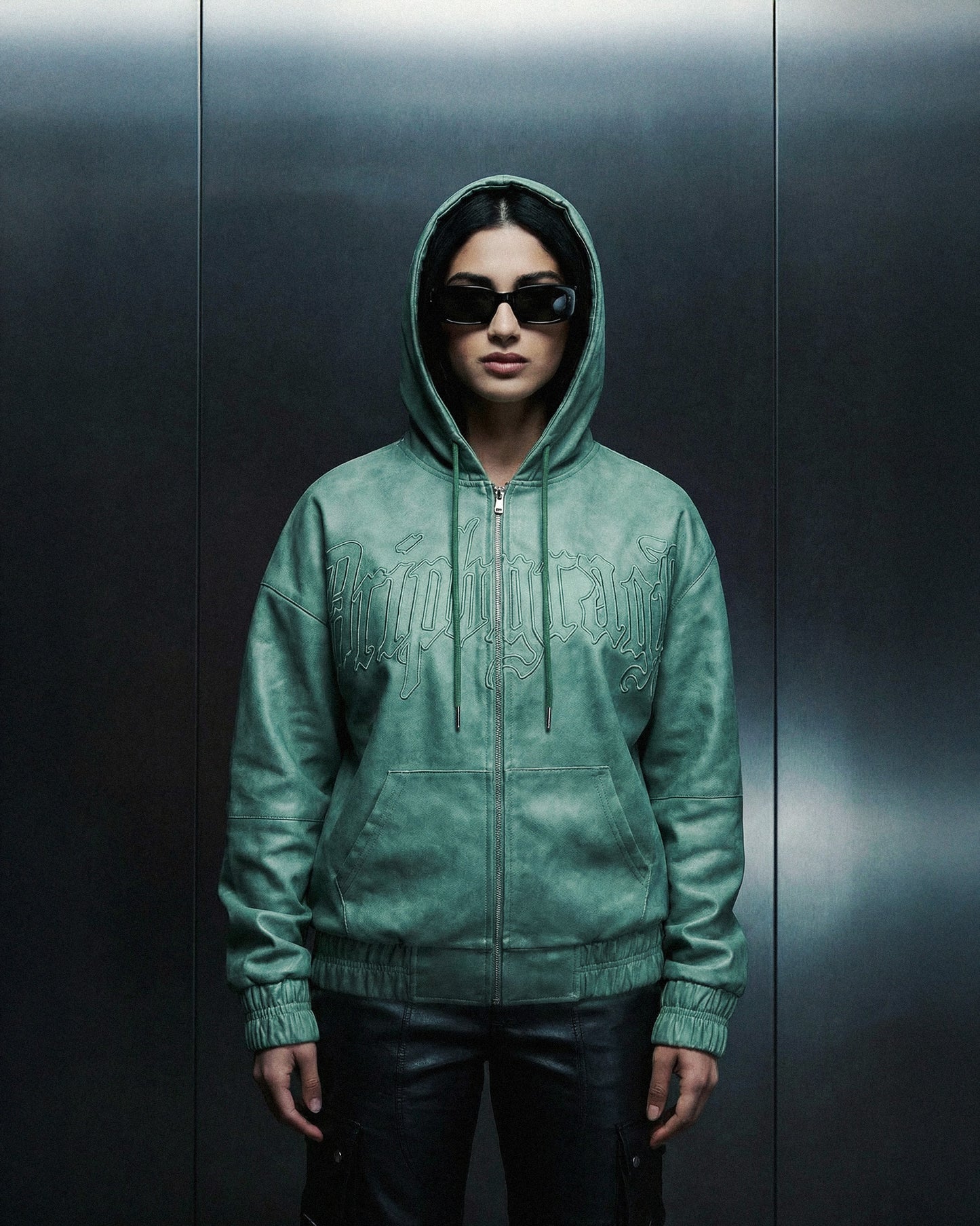 Emerald Washed Leather Hoodie Jacket