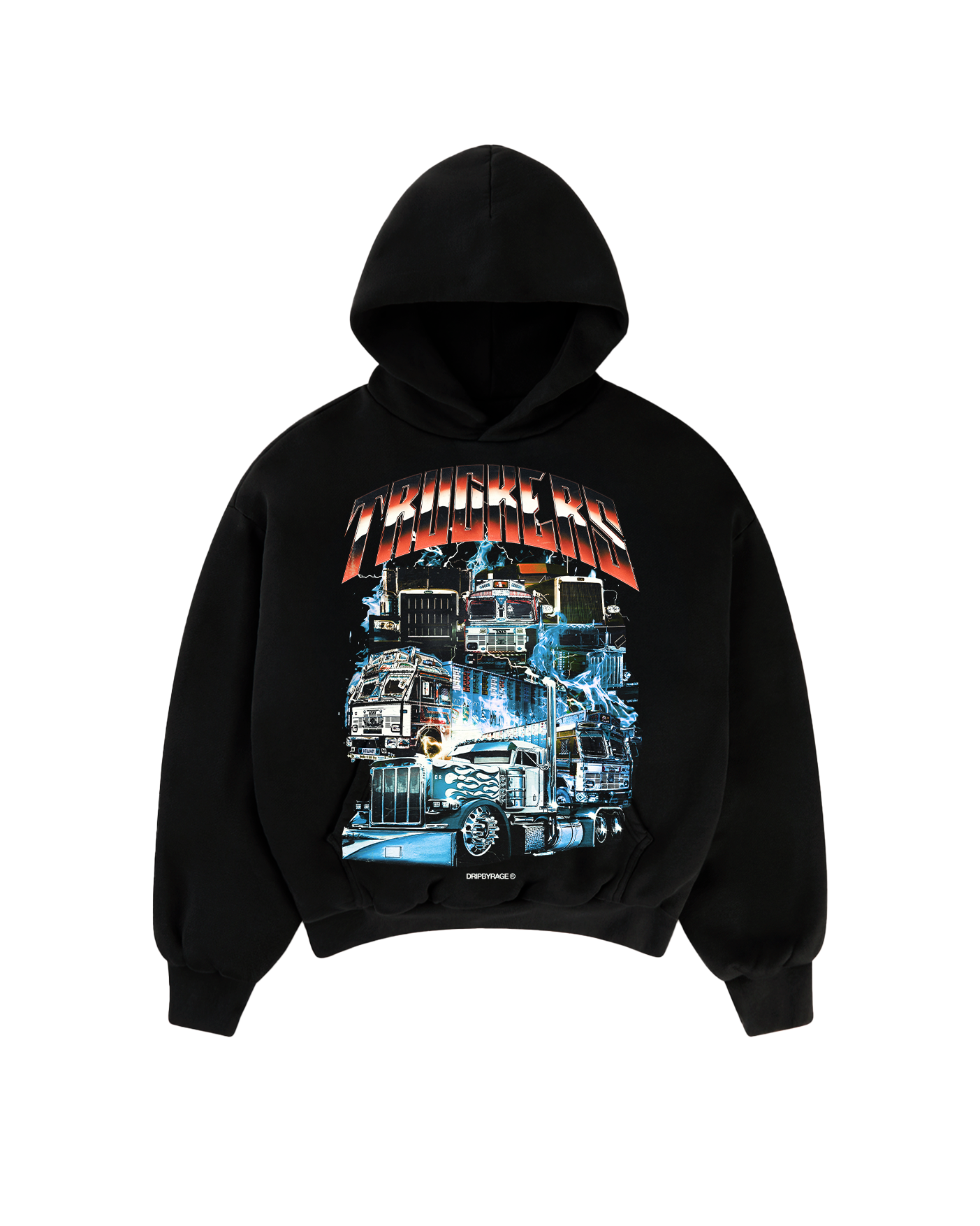 TRUCKERS BIG PRINT SUN FADED BOXY HOODIE