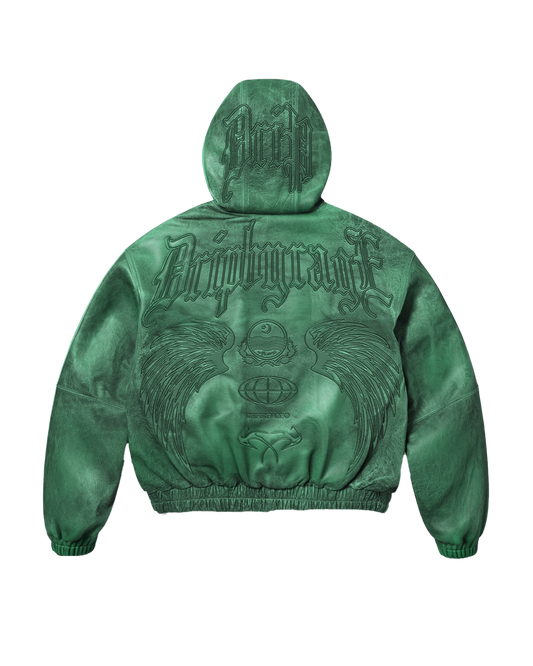 Emerald Washed Leather Hoodie Jacket