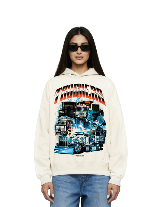 TRUCKERS BIG PRINT SUN FADED BOXY HOODIE