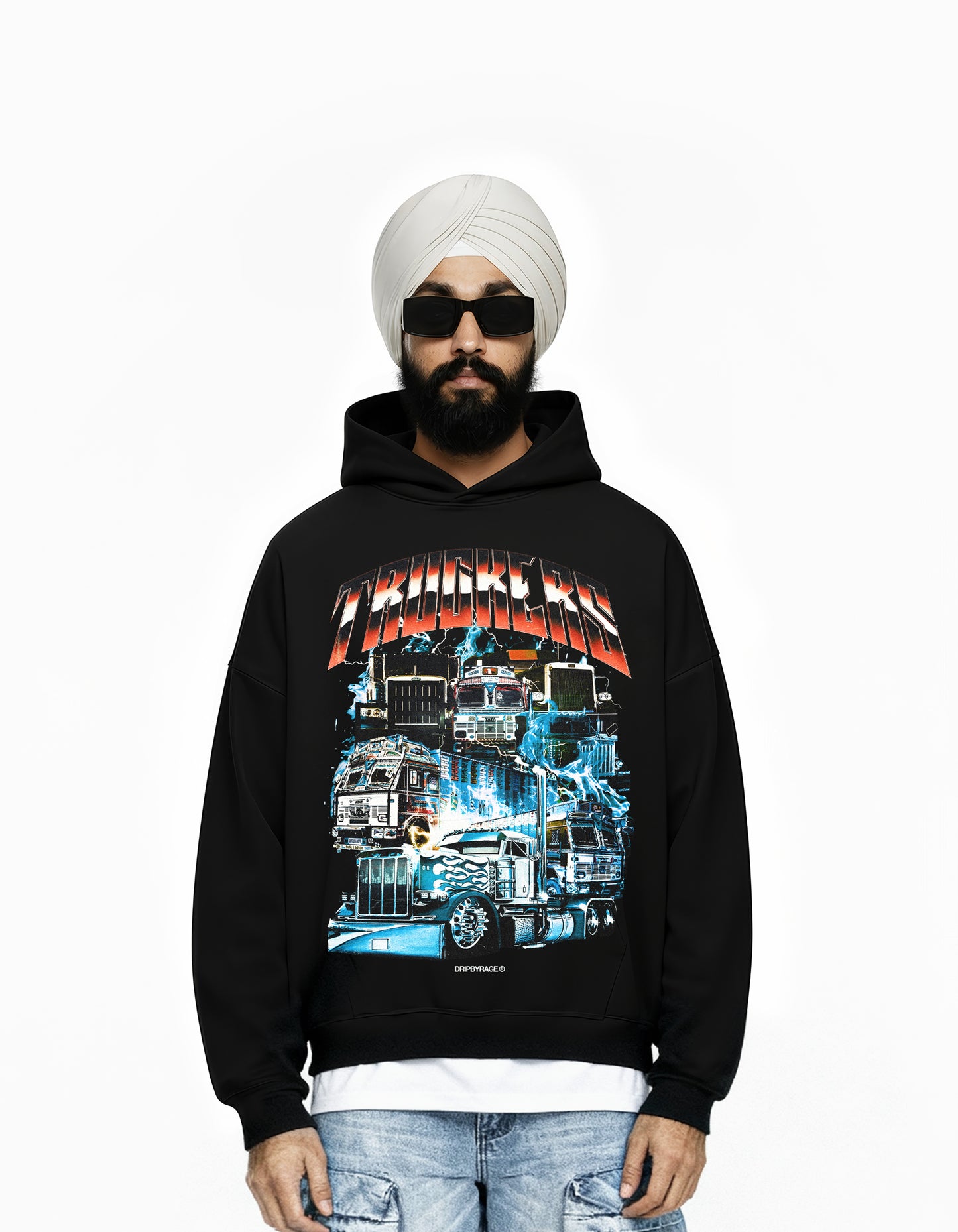 TRUCKERS BIG PRINT SUN FADED BOXY HOODIE