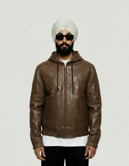 Mocha Washed Leather Hoodie Jacket