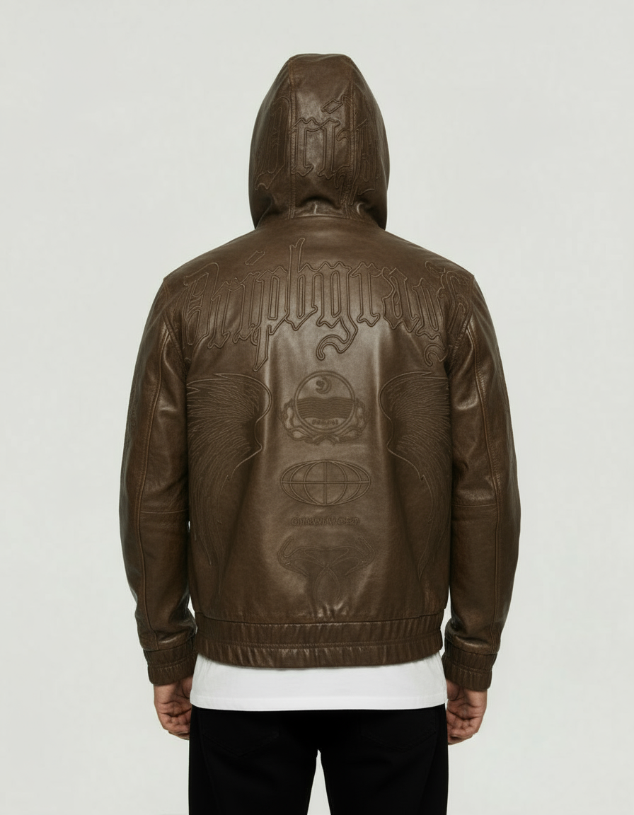 Mocha Washed Leather Hoodie Jacket