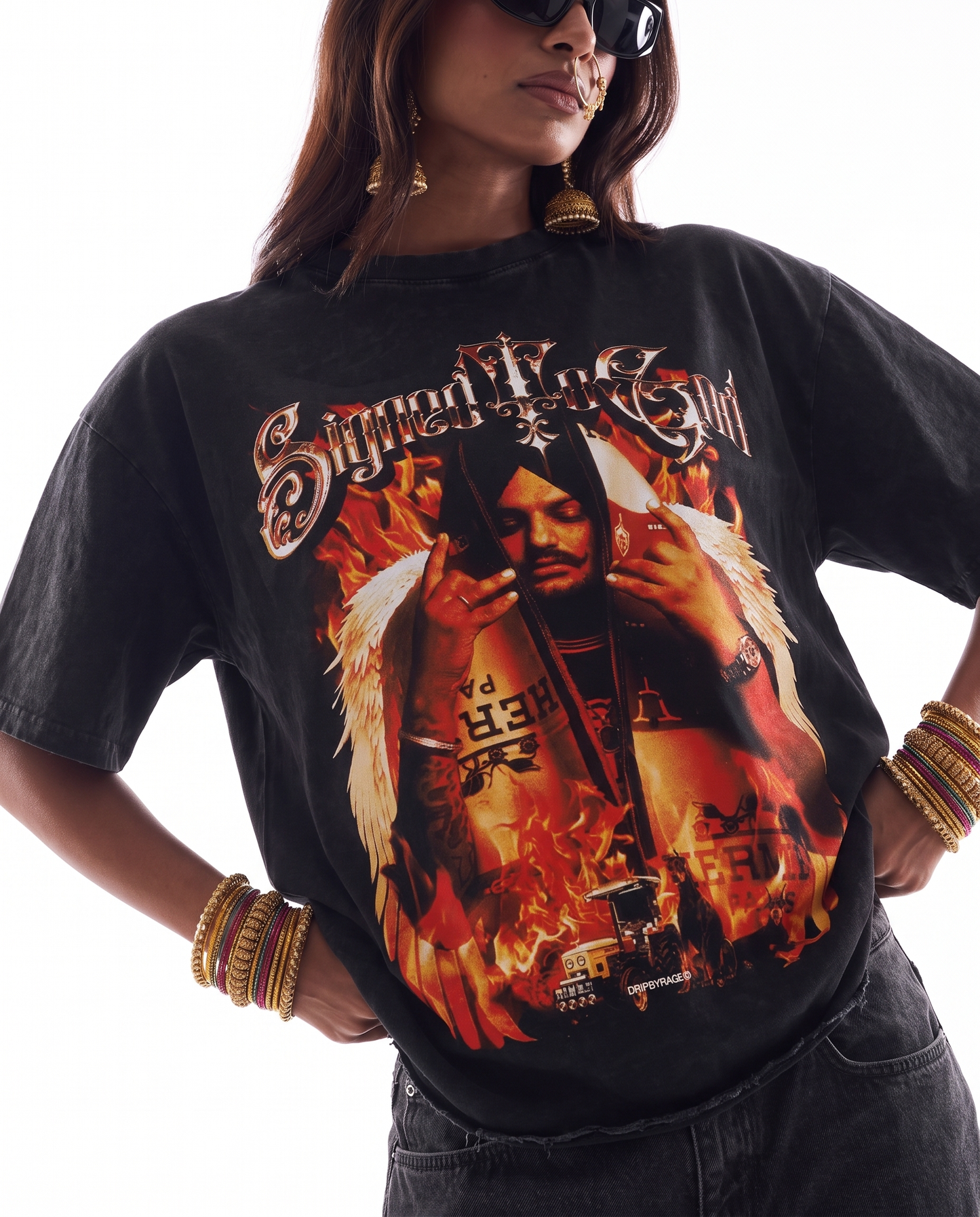 SIGNED TO GOD FLAMES EDITION OVERSIZED FADED T-SHIRT BLACK