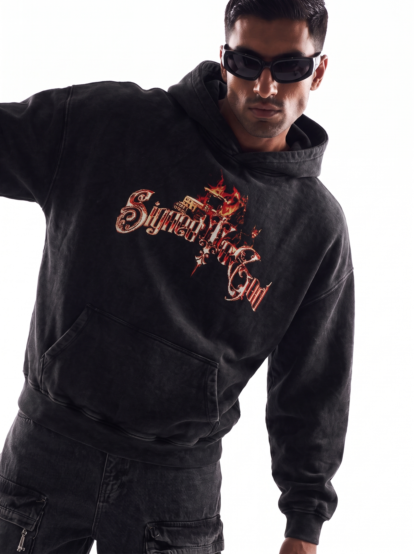 SIGNED TO GOD FLAMES EDITION OVERSIZED FADED HOODIE BLACK