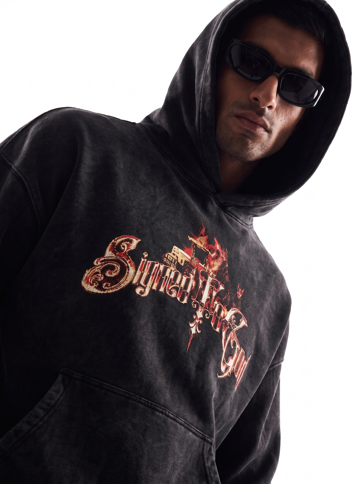 SIGNED TO GOD FLAMES EDITION OVERSIZED FADED HOODIE BLACK
