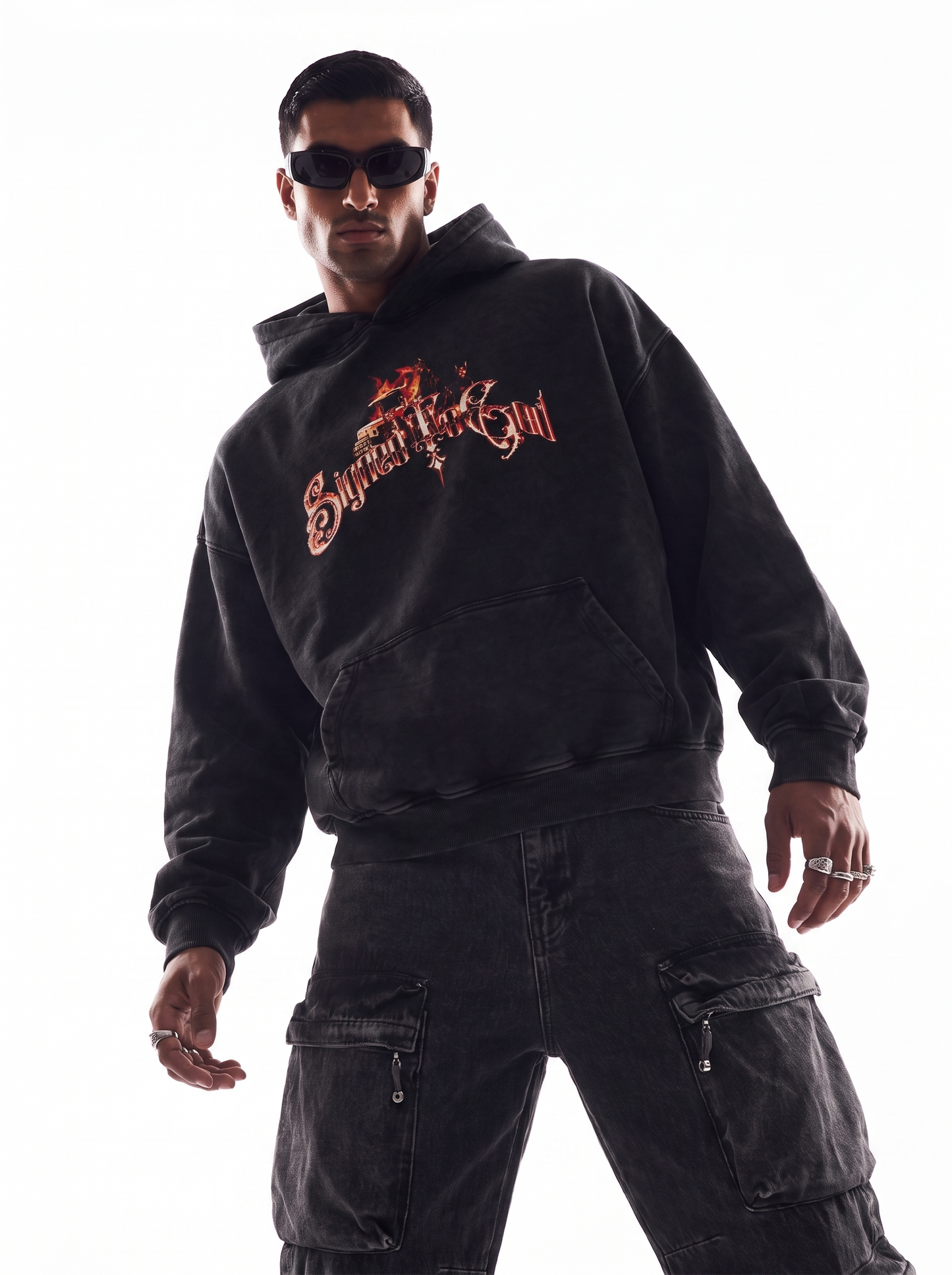 SIGNED TO GOD FLAMES EDITION OVERSIZED FADED HOODIE BLACK