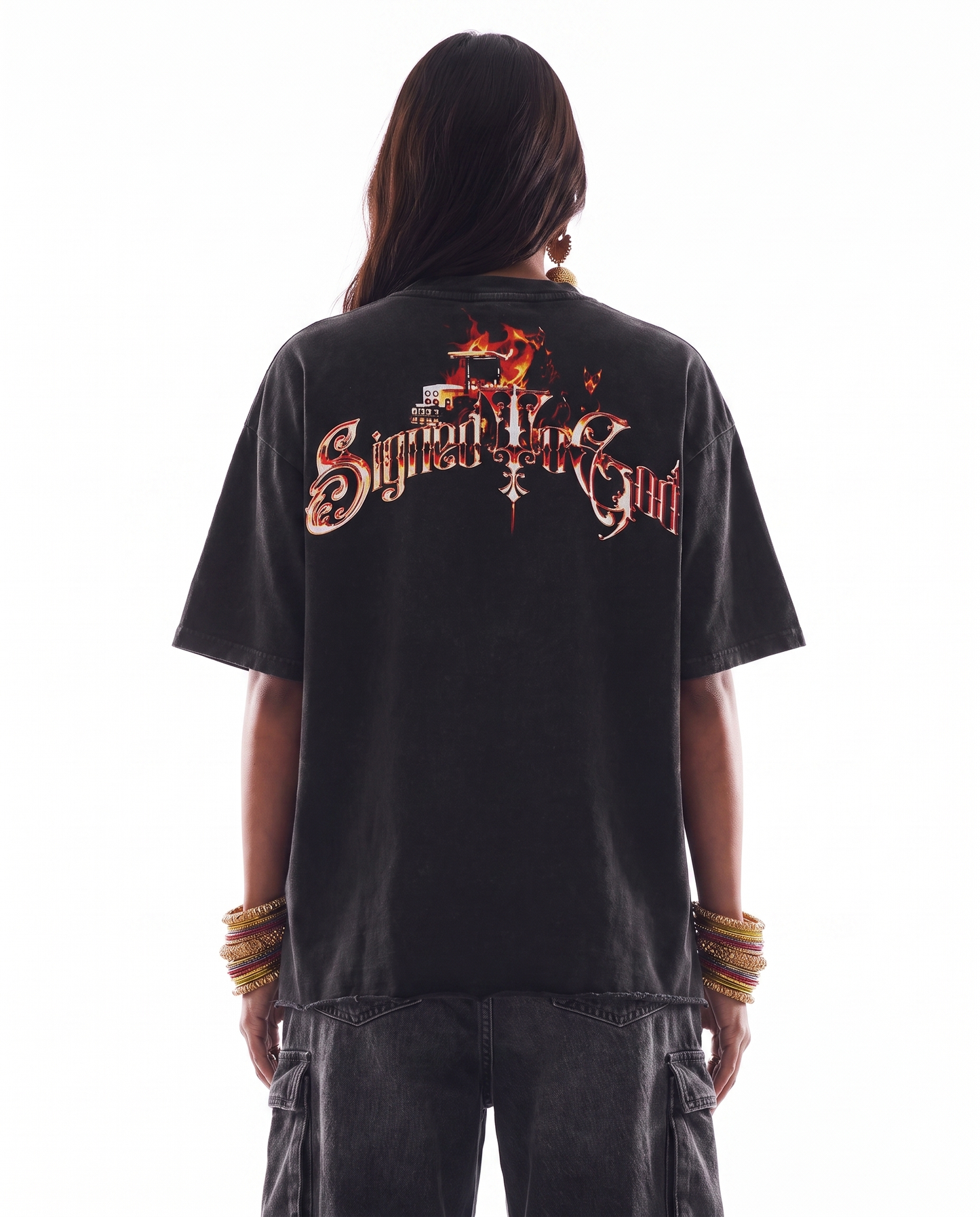 SIGNED TO GOD FLAMES EDITION OVERSIZED FADED T-SHIRT BLACK