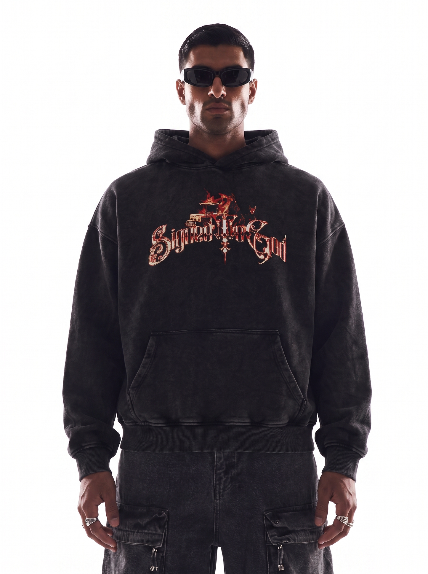 SIGNED TO GOD FLAMES EDITION OVERSIZED FADED HOODIE BLACK