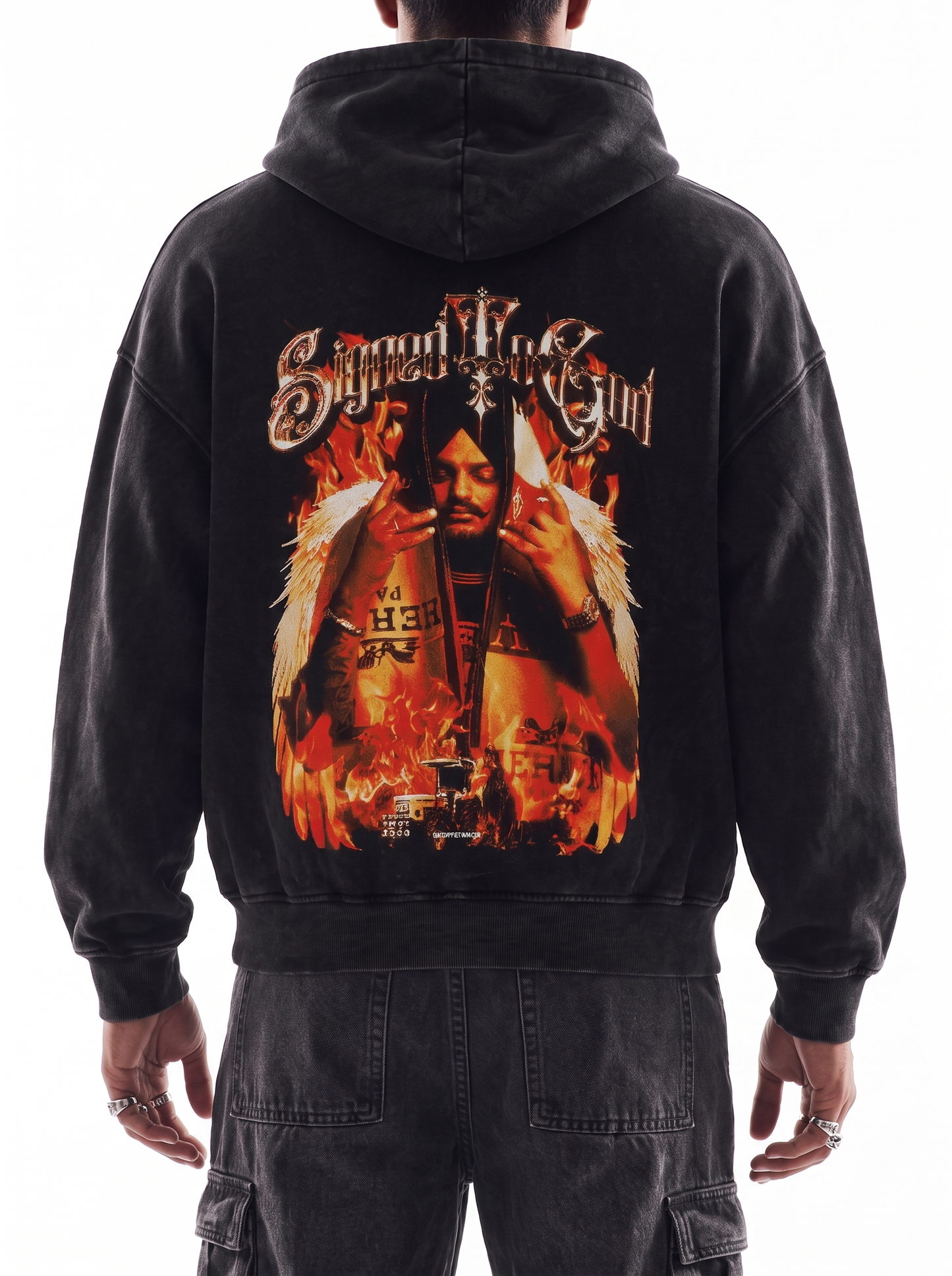 SIGNED TO GOD FLAMES EDITION OVERSIZED FADED HOODIE BLACK