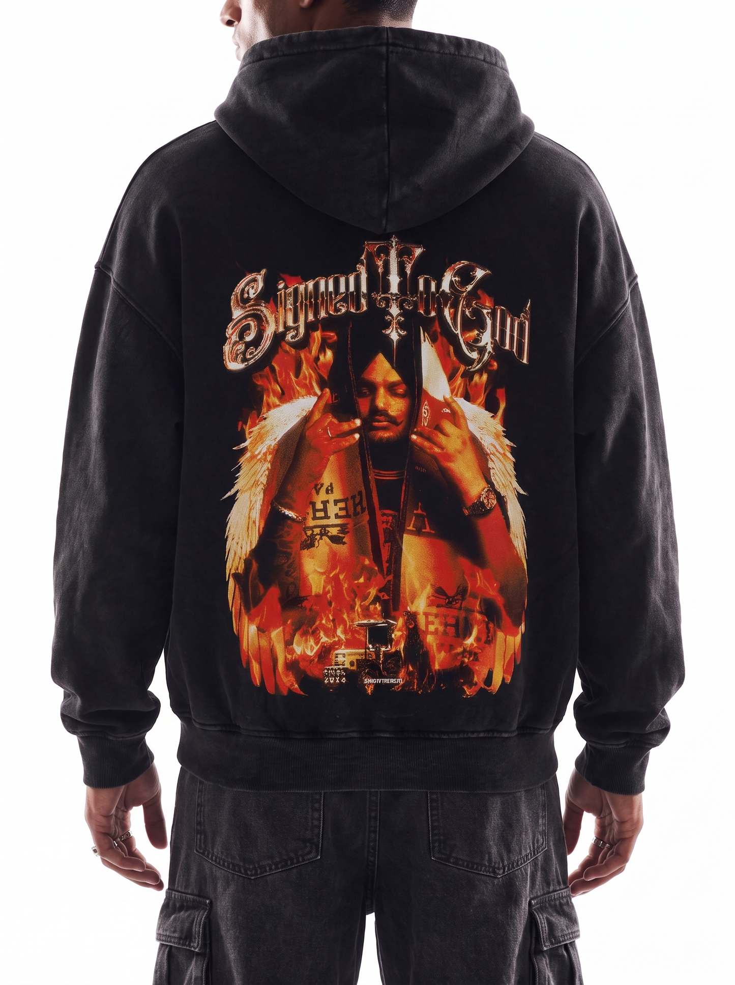 SIGNED TO GOD FLAMES EDITION OVERSIZED FADED HOODIE BLACK