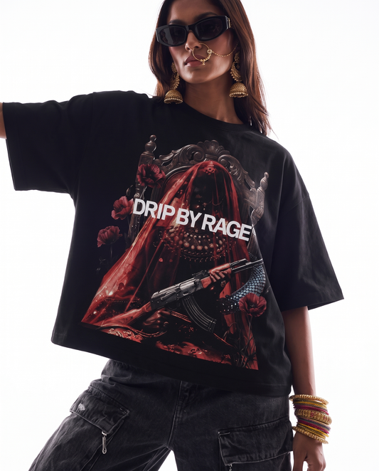 RED QUEEN VELVET LOGO PRINT BOXY T-SHIRT