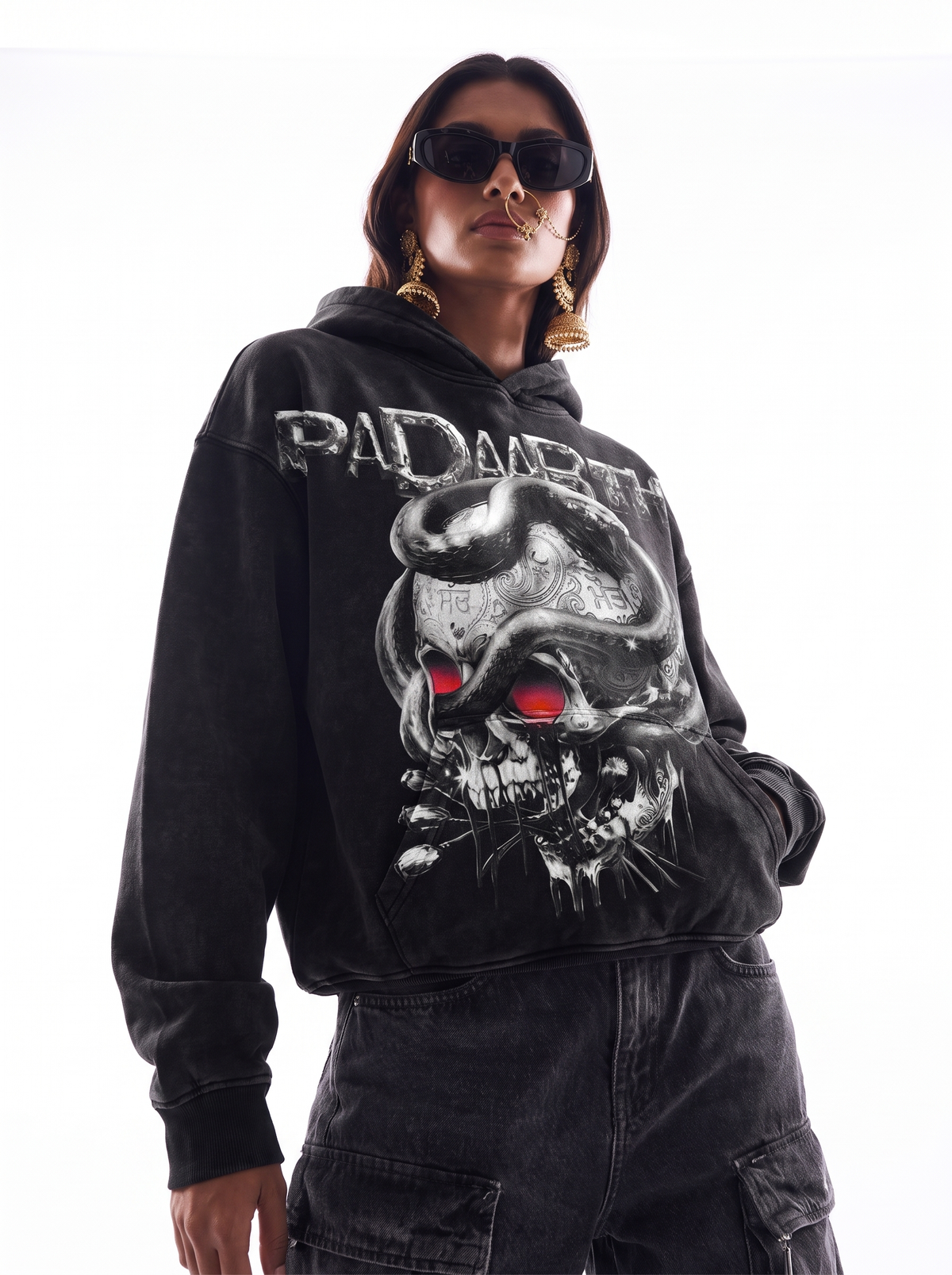 BLACK HEAVEN RED EYE OVERSIZED FADED HOODIE