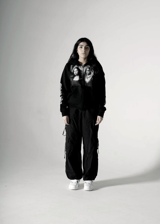 MAHARANI X MONA LISA OVERSIZED FLEECE ZIP-UP HOODIE BLACK