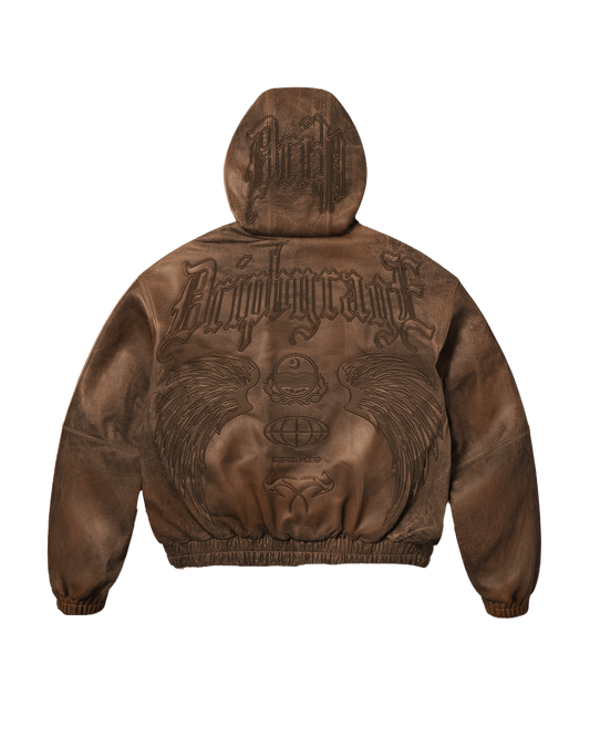 Mocha Washed Leather Hoodie Jacket - Drip by Rage