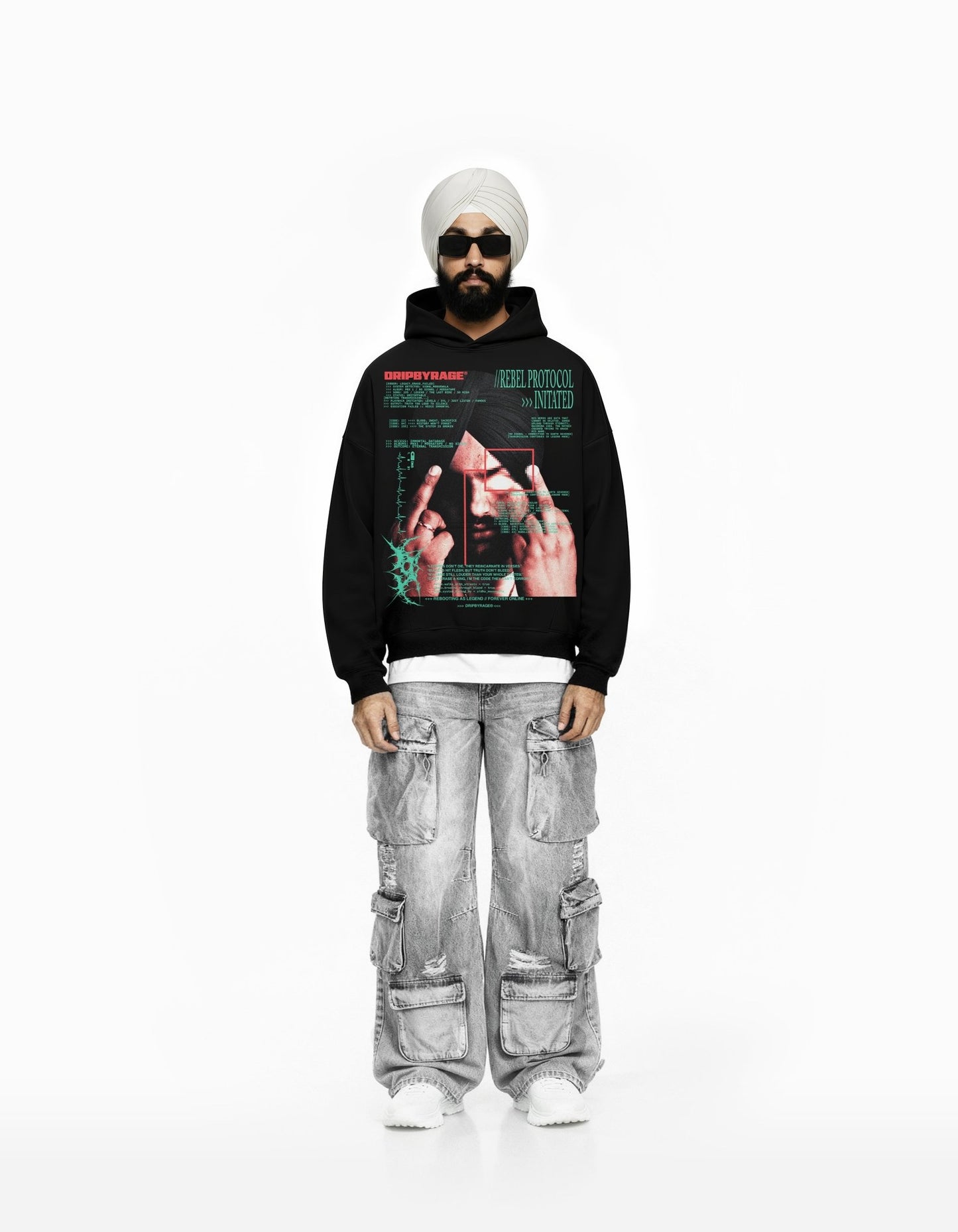 REBEL PROTOCOL BIG PRINT SUN FADED BOXY HOODIE - Drip by Rage