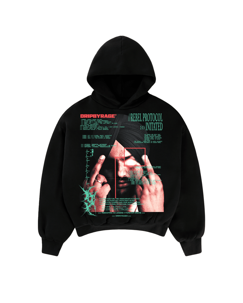 REBEL PROTOCOL BIG PRINT SUN FADED BOXY HOODIE - Drip by Rage