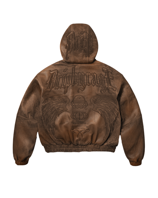 Mocha Washed Leather Hoodie Jacket