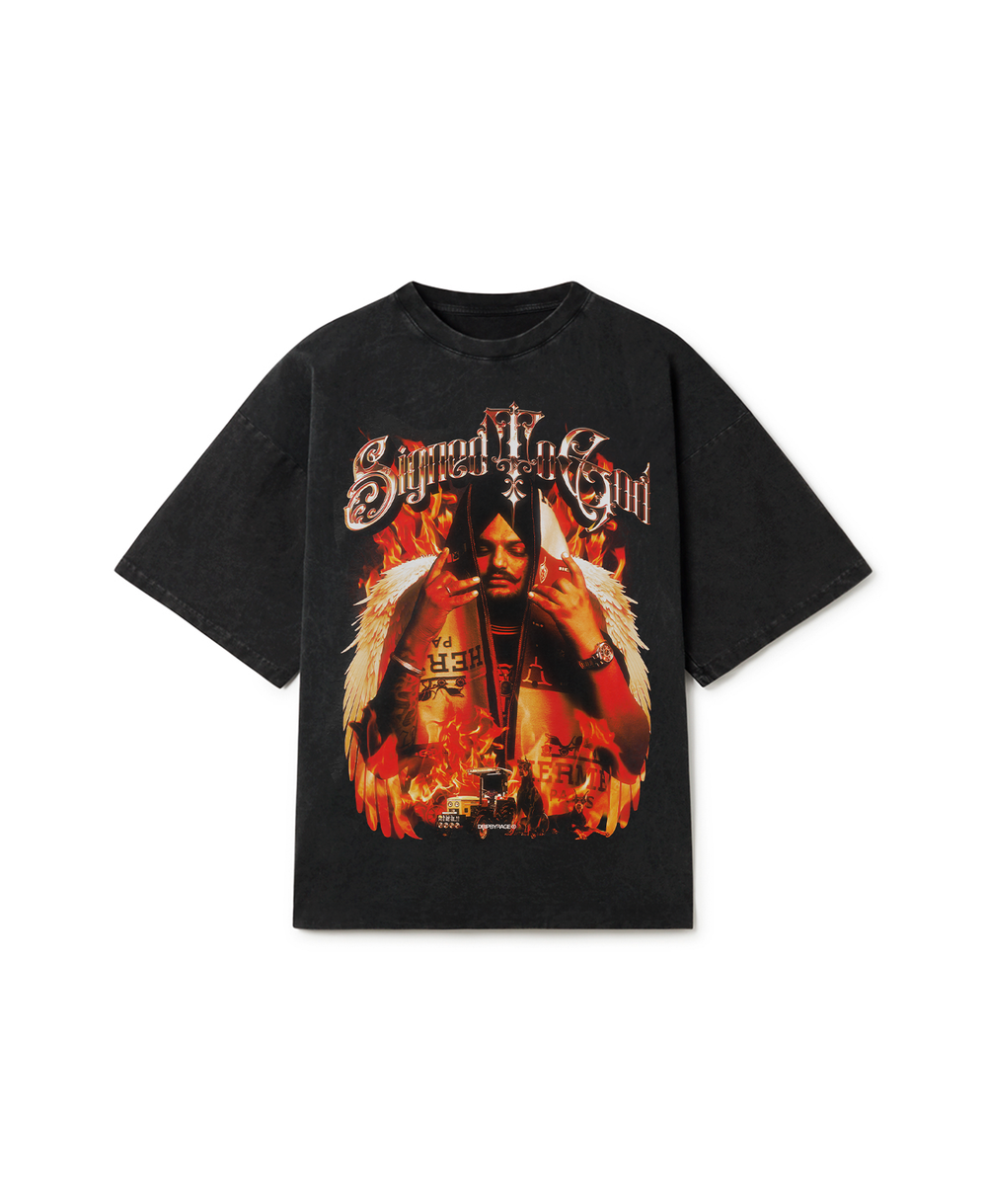 SIGNED TO GOD FLAMES EDITION OVERSIZED FADED T-SHIRT BLACK