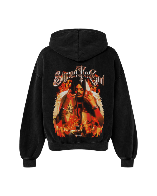 SIGNED TO GOD FLAMES EDITION OVERSIZED FADED HOODIE BLACK