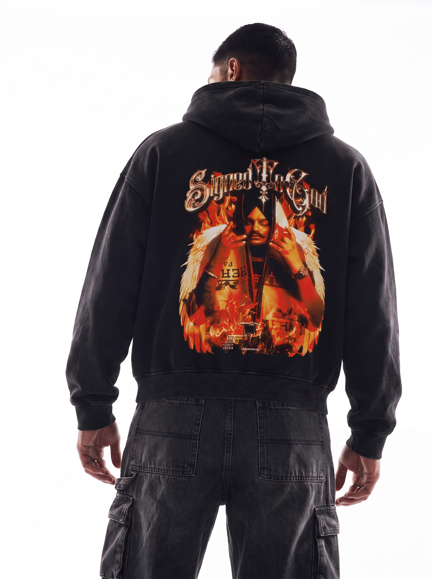 SIGNED TO GOD FLAMES EDITION OVERSIZED FADED HOODIE BLACK