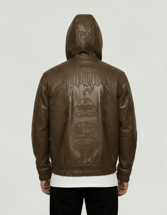 Mocha Washed Leather Hoodie Jacket - Drip by Rage