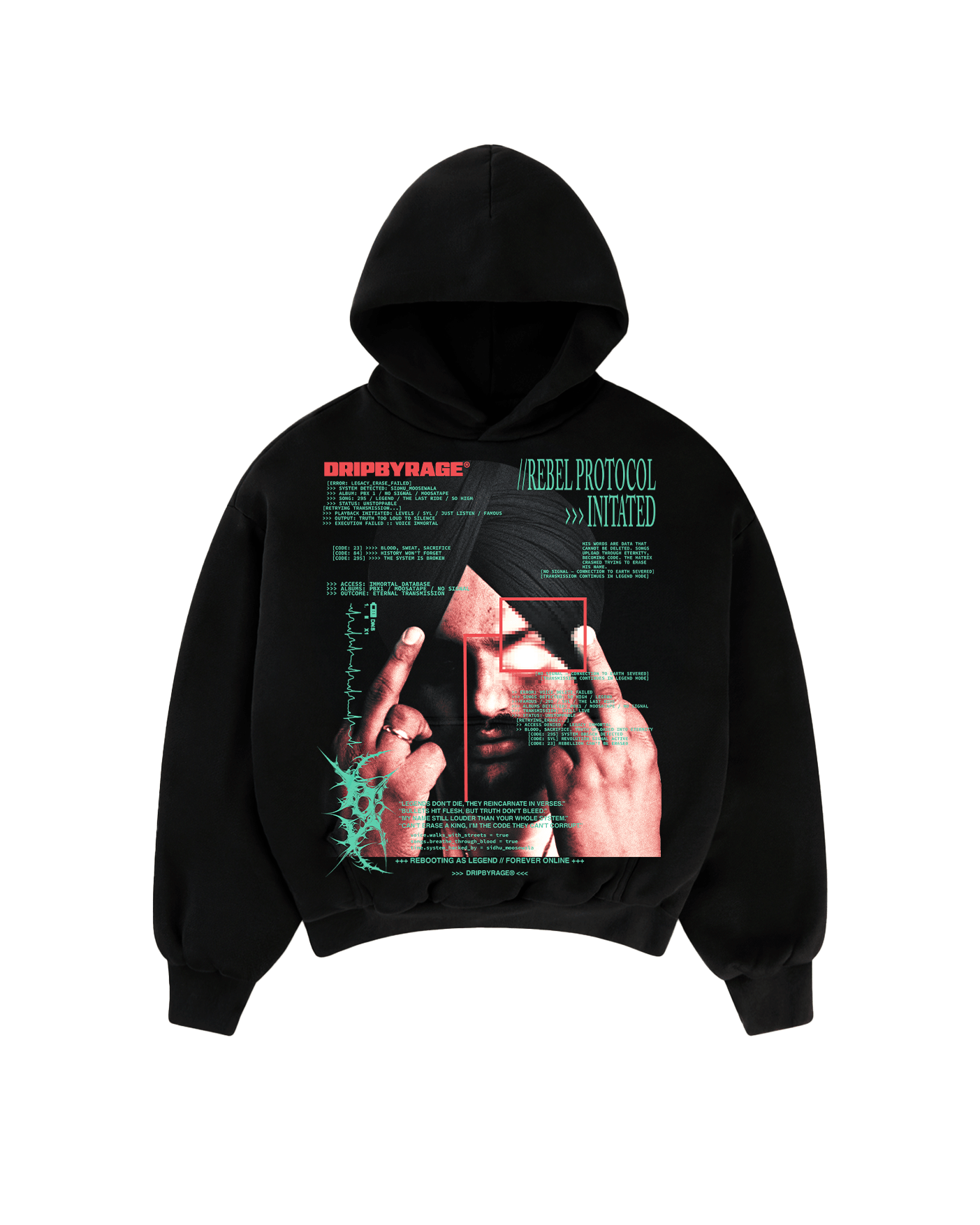 REBEL PROTOCOL BIG PRINT SUN FADED BOXY HOODIE - Drip by Rage