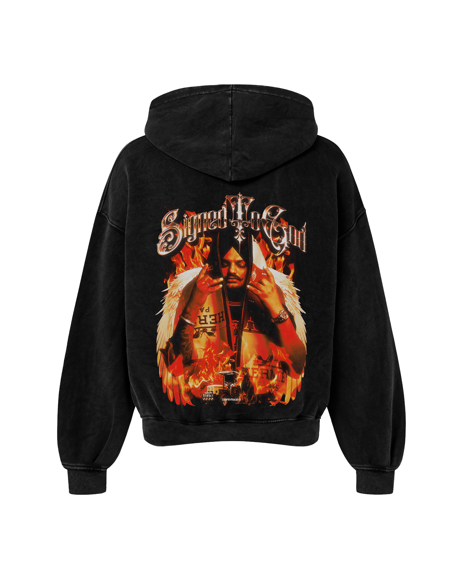 SIGNED TO GOD FLAMES EDITION OVERSIZED FADED HOODIE BLACK - Drip by Rage