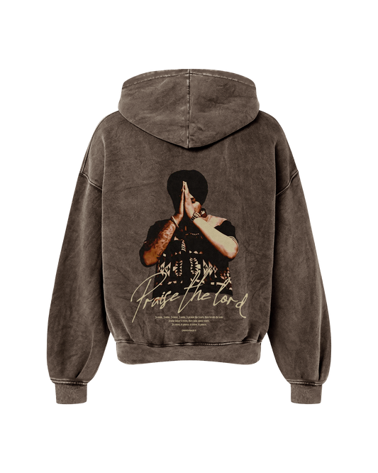 PRAISE THE LORD OVERSIZED WASHED HOODIE BROWN